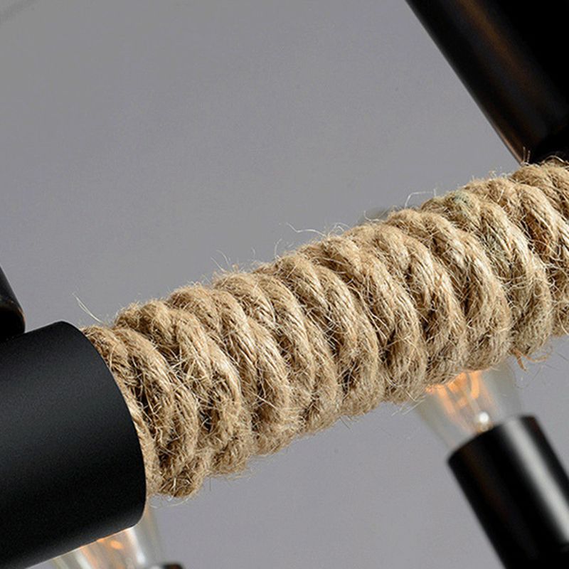 Rectangular Hemp Rope Island Lamp Industrial 10-Light Dining Room Suspension Light