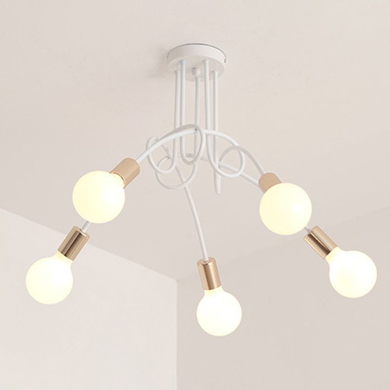 White Sputnik Exposed Bulb Flush Mount Industrial Retro Ceiling Light with Wrought Iron Stem