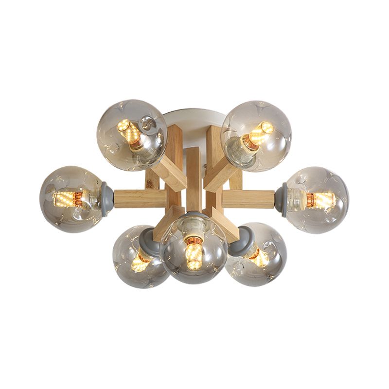 Postmoderne Starburst Semi Mount Lighting Holz 7-Licht Schlafzimmer Spülendedecke mit kugelfeiner grauer Glasschatten