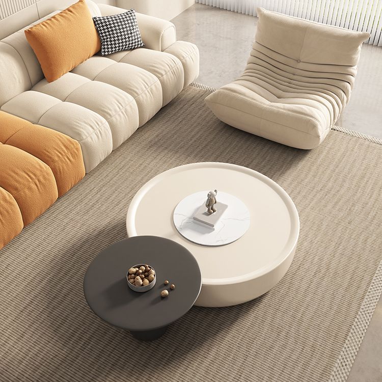 Contemporary Round Cream Coffee Table Set with Storage Drawer