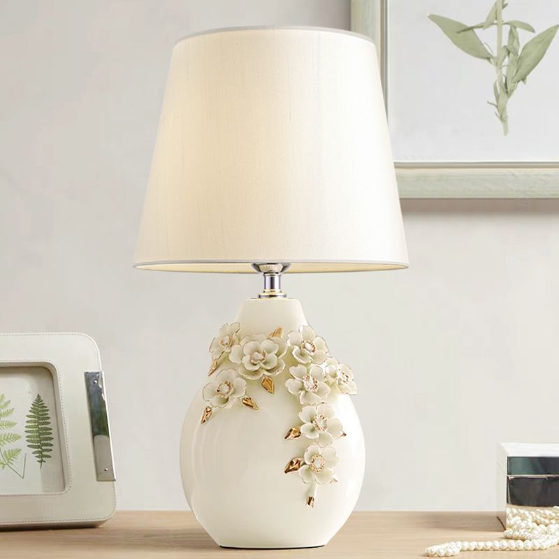 Ceramic White Table Lamp Magnolia-Embellished Vase Single Traditional Night Light with Shade, 18"/19.5" Wide