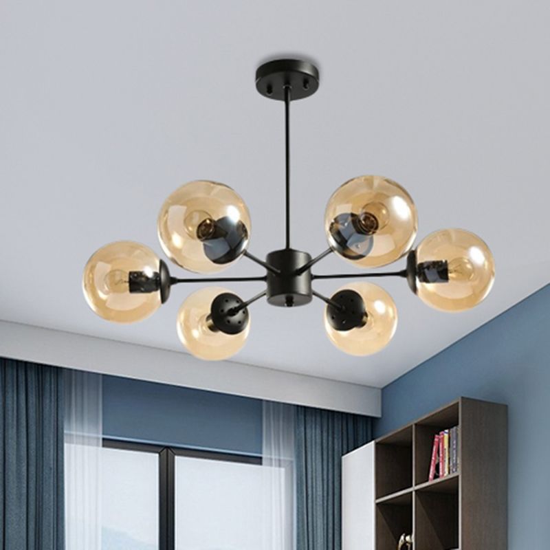 Amber/Blue/Clear Glass Spherical Chandelier Light Post Modern 6/8/10 Lights Black Pendant Lamp for Bedroom