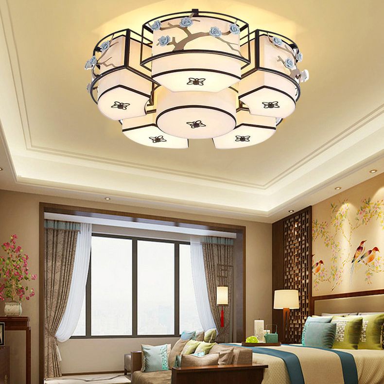 Fabric Circle Close to Ceiling Lighting Traditional Living Room Ceiling Flush Mount in Blue