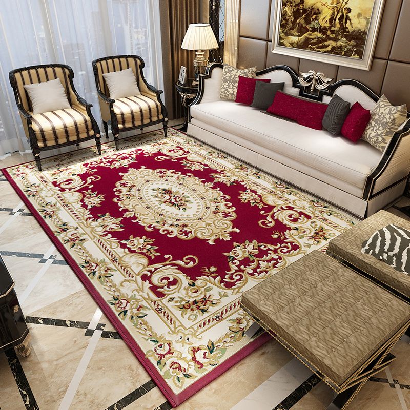 Beige Antique Area Carpet Polyester Medallion Print Area Rug Anti-Slip Area Rug for Drawing Room