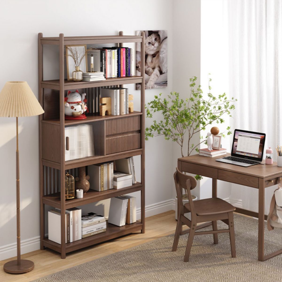 Brown/Natural Glass Paned Cabinet, Solid Wood Mid-Century Modern Cabinet
