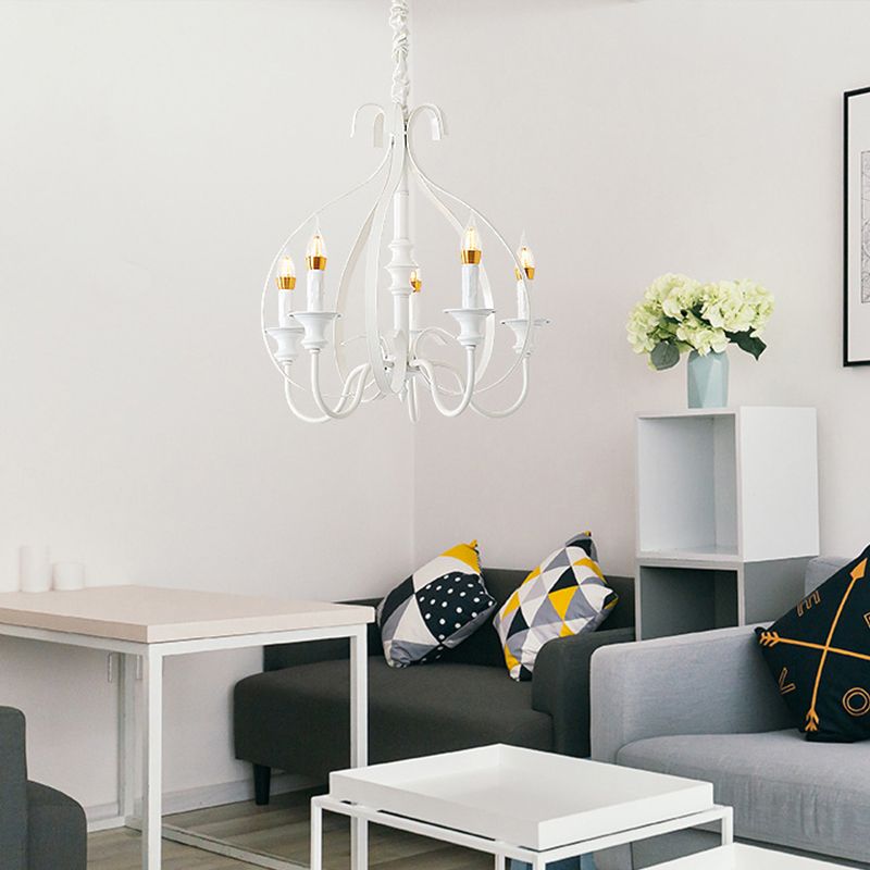 Swooping Arm Metal Chandelier Light Traditional 5 Lights Dining Room Pendant Lighting in White