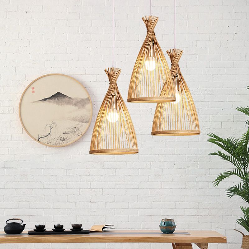 Bamboo Bell Suspension Lighting Minimalist 1 Head Pendant Ceiling Light for Tea Room
