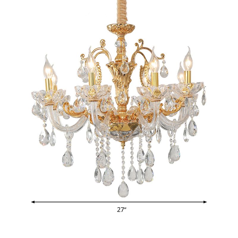 Gold Candelabra Chandelier Light Modernism 8 Heads Metal Pendant Lighting with Dangling Crystal