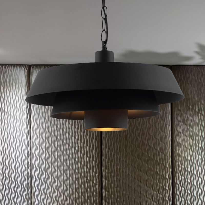 2-Layer Pan Restaurant Pendant Vintage Iron 1 Head Black Finish Ceiling Hang Fixture