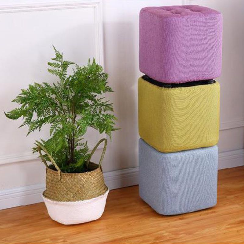 Contemporary Square Shape Cube Linen Blend Upholstered Ottoman