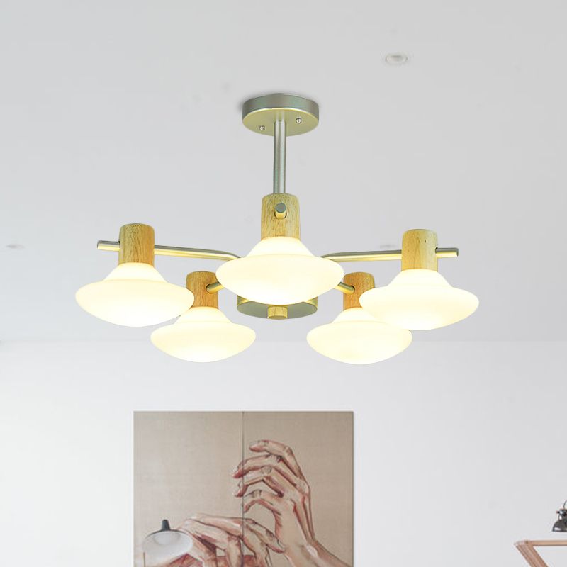 Modernisme Mushroom Semi Flush Light Opal Grosted Verre 5/6 TEAUX PLAFICATION DE CHAMBRE EN BOIS