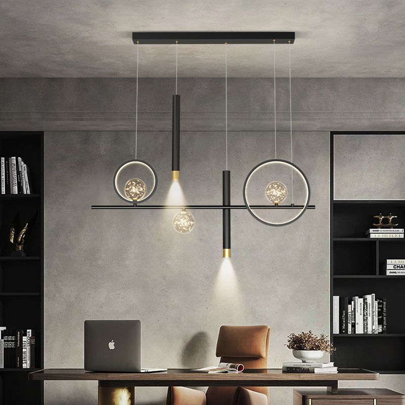 Black Restaurant LED Island Light in Modern Luxury Style Wrought Iron Linear Pendant Light with Silicone Shade