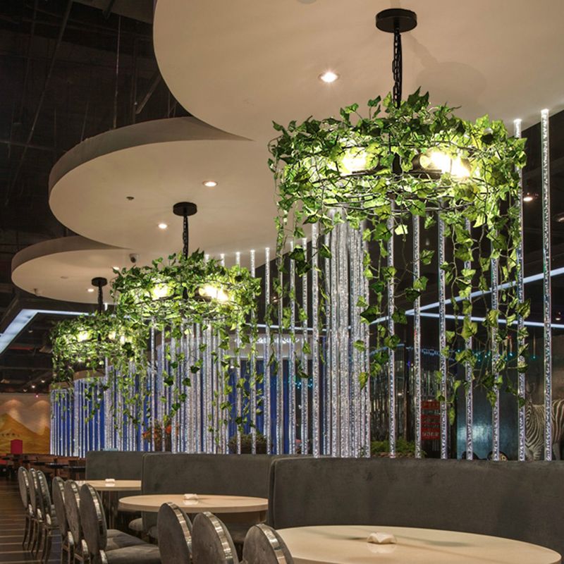 Metalen zwarte plant kroonluchter lamp ronde 5 bollen antiek hangend plafondlicht voor restaurant