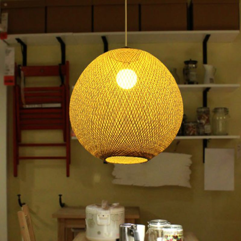 Beige Globe Pendant Light Fixture Chinese 1 Bulb Bamboo Suspension Lighting for Living Room
