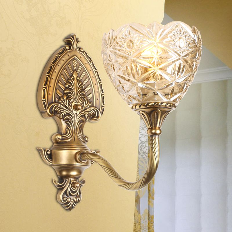 Colonial Domed Up Wall Lighting 1 Light Textured/Opal Glass Wall Mounted Lamp Fixture in Brass