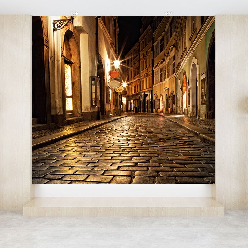 Modern Peaceful Town Mural Wallpaper Yellow Waterproofing Wall Decor for Bathroom