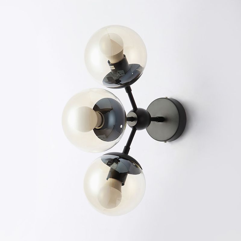 3 Bulbs Spherical Vanity Light Modern Clear Glass Wall Mounted Lighting in Black for Bathroom