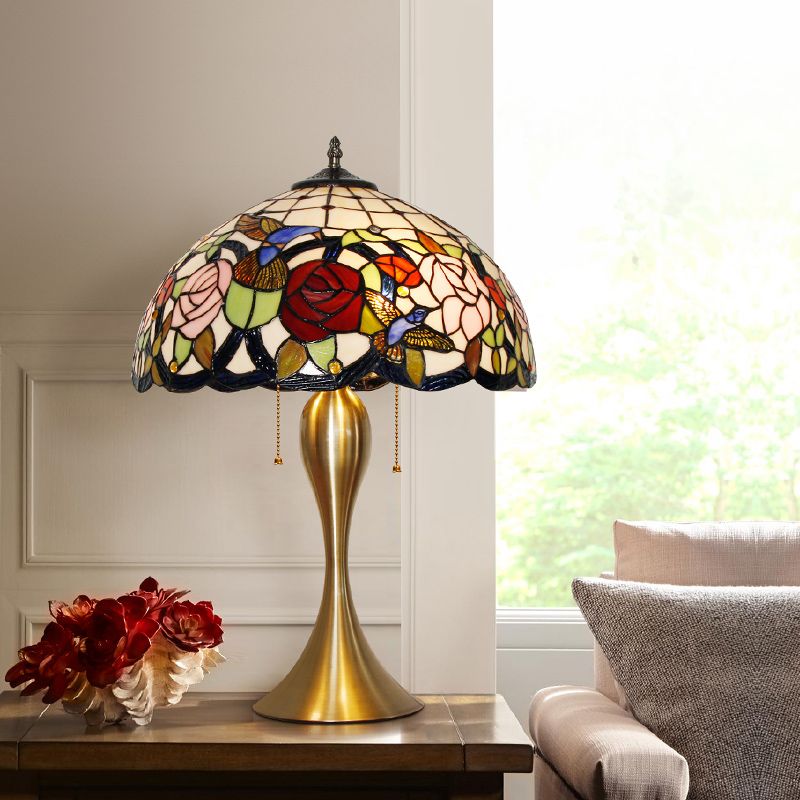 Lampada da comodino a cupola tradizionale vetro colorato 3 teste in ottone a catena leggera con motivo floreale e uccello