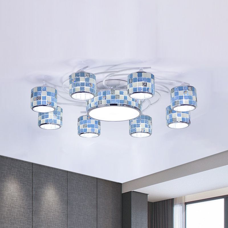Mediterranean Drum Checkered Semi Flush 11 Heads Blue Glass Ceiling Mount Chandelier for Living Room