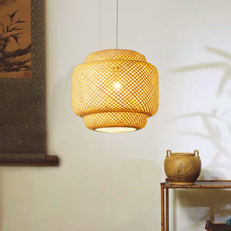 Modern Lantern Ceiling Light Bamboo Single Restaurant Hanging Pendant Light in Wood