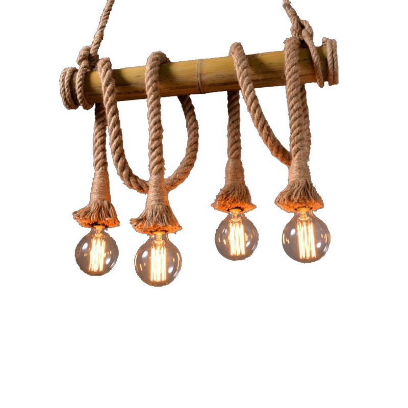 Exposed Bulb Kitchen Pendant Light Fixture Vintage Rope 4/6 Light Beige Hanging Lamp Kit