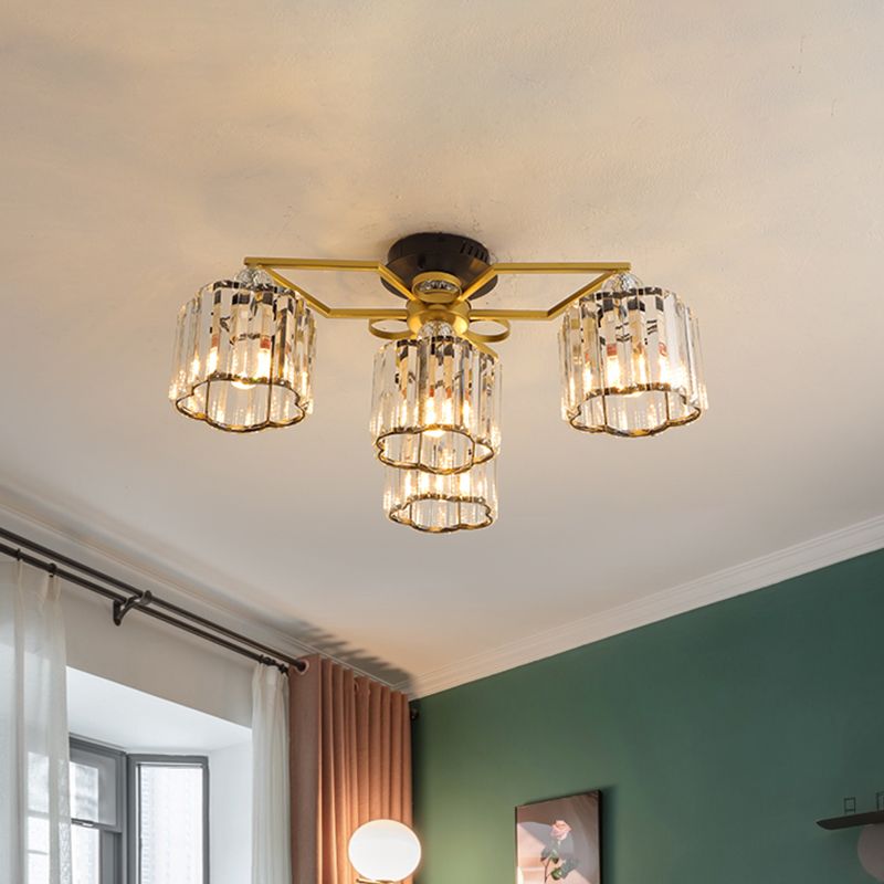 Floral Cylinder Guest Room Semi Flush Clear Crystal 4/6/7-Light Minimalism Ceiling Mounted Fixture in Gold