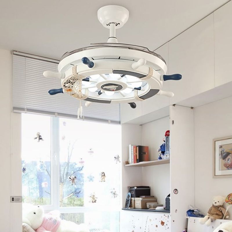 Rudder Bedroom Semi Flush Mounted Light Kids Acrylic Pink/Blue/White LED Hanging Ceiling Fan Lamp with 4 Clear Blades, 42" W