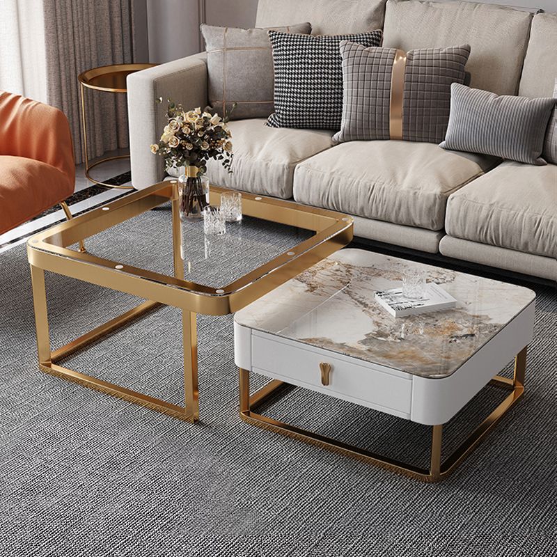 Gold Frame Metal Iron Base Design with Drawer Square Coffee Table
