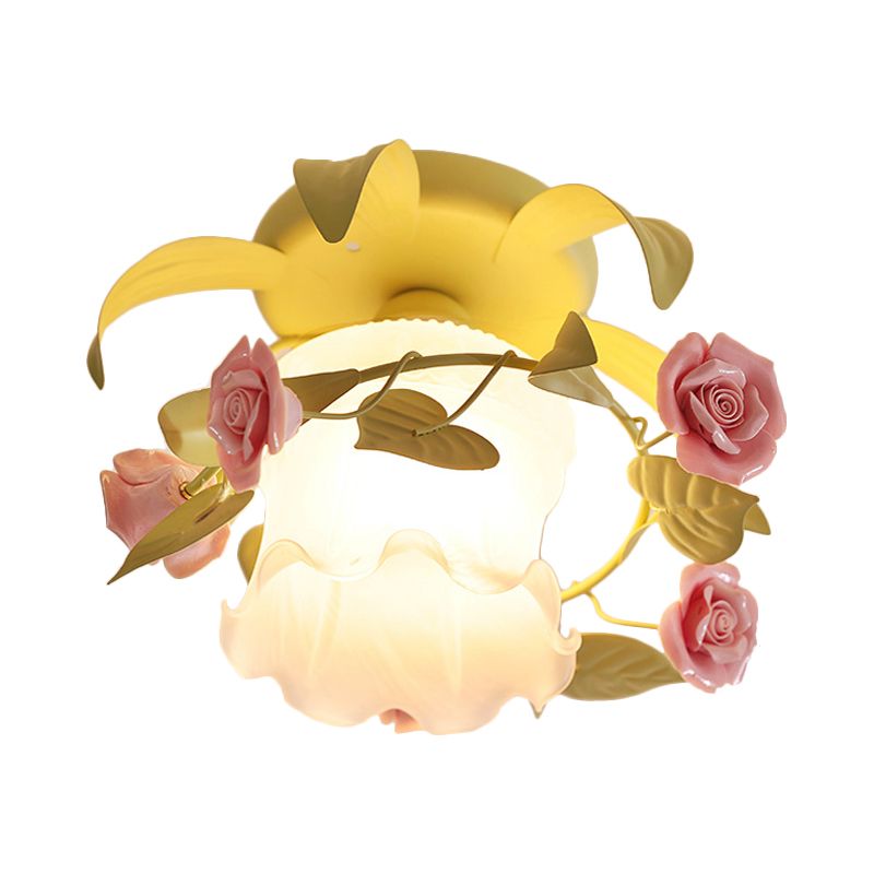 Single Flounce-Trim Semi Mount Lighting Korean Flower White/Green Frosted Glass Close to Ceiling Lamp