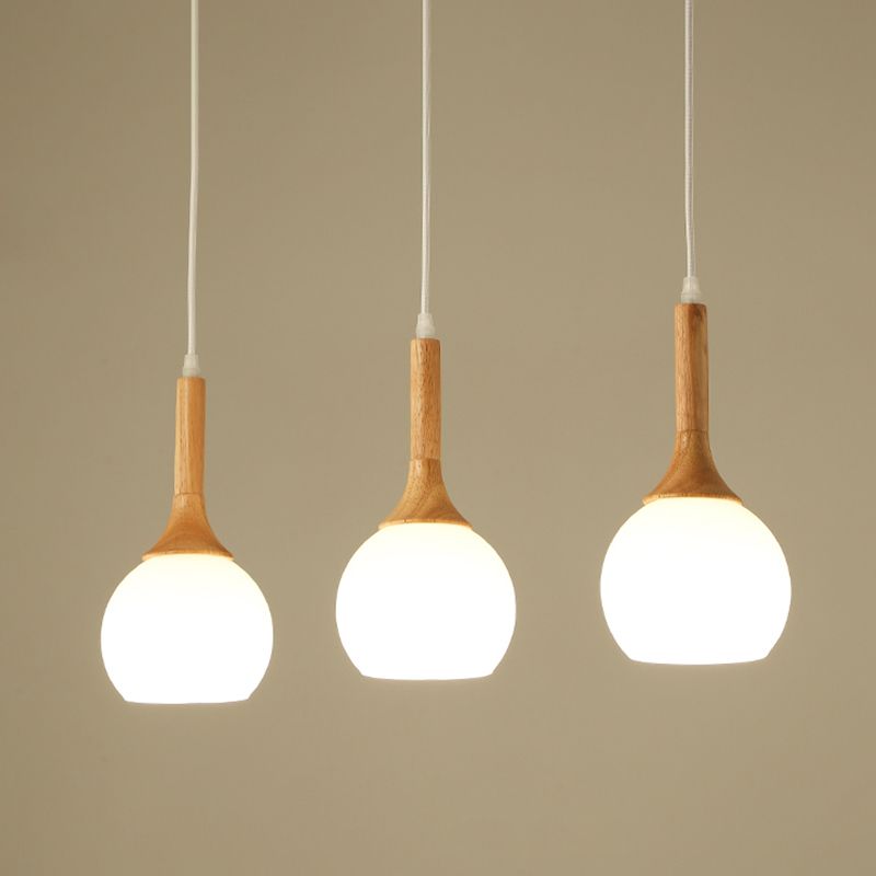 Lampada a sospensione nordica in legno piccolo sospensione con tonalità di vetro bianco per sala da pranzo