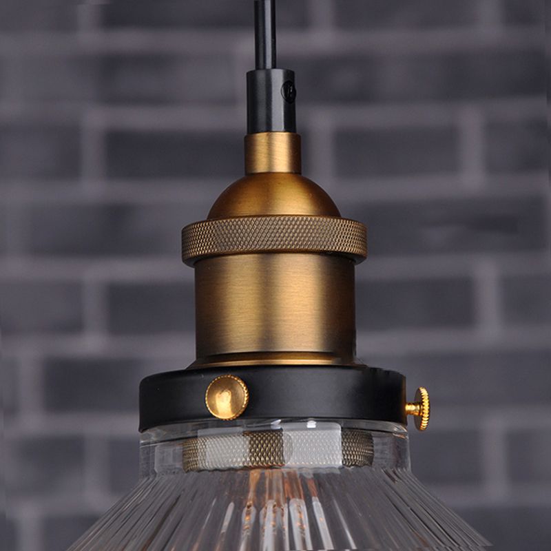 Conical Cafe Pendant Light Industrial Clear Glass 1-Bulb Brass Hanging Ceiling Light