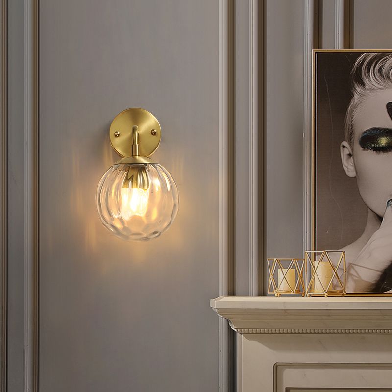 Clear Ripple Glass Ball Wall Light Minimalistic 1-Light Brass Sconce Fixture for Dining Room