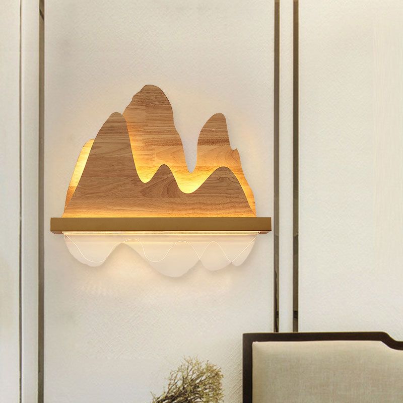 Asian Mountain Wooden Mural Light Fixture LED Wall Mount Lighting in Beige for Sitting Room