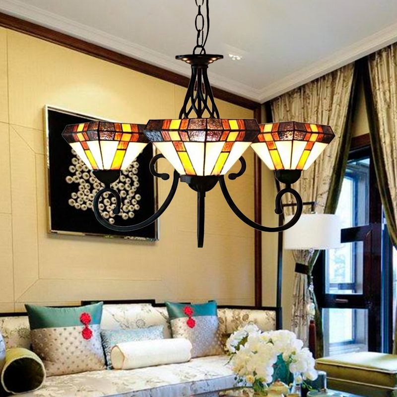 3 Heads Pyramid Shape Chandelier Tiffany Stained Glass Inverted Chandelier for Living Room