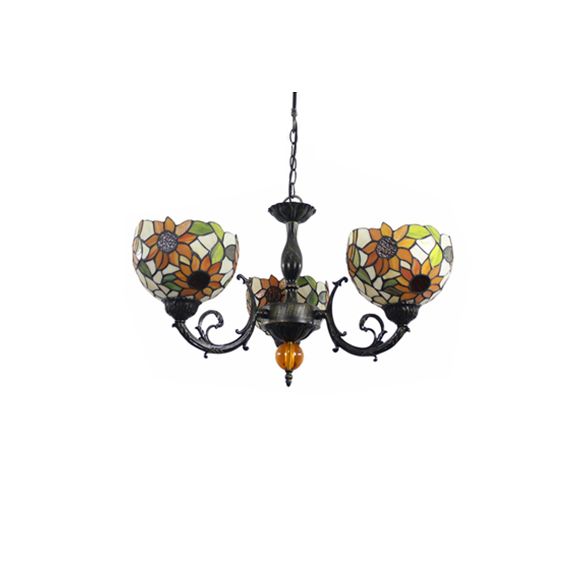 Colorful Bowl Chandelier Light with Flower/Rose/Sunflower/Yellow Flower Pattern Retro Style Stained Glass 3 Bulbs Inverted Chandelier in Brass