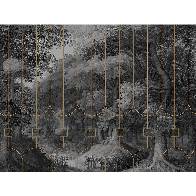 Enormous Photo Original Mural Wallpaper for Living Room Decor with Railings and Forest Design in Dark Grey