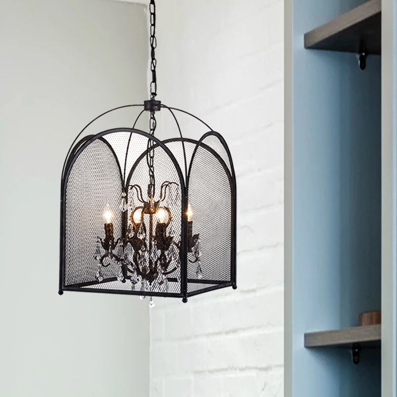 Vintage Candle Hanging Pendant 4 Lights Metal Ceiling Chandelier in Black with Crystal Drop