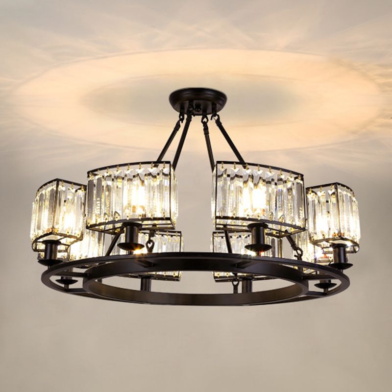 Artistic Ring Shaped Suspension Light Clear Crystal Living Room Chandelier Light in Black