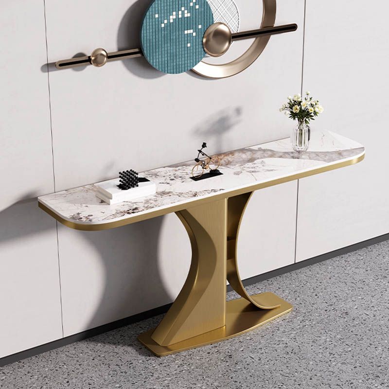 Modern Half Moon Console Table Stone Sofa Table in Gold/Grey