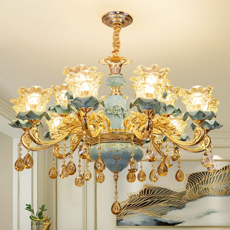 Handblown Glass Blue Chandelier Light Ruffle Flower Retro Pendant Light with Crystal Draping