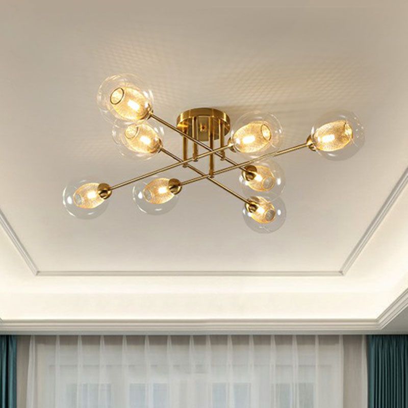 Clear Glass Ball Flush Ceiling Light Postmodern Gold Finish Semi Mount Lighting with Mesh Shade Inside