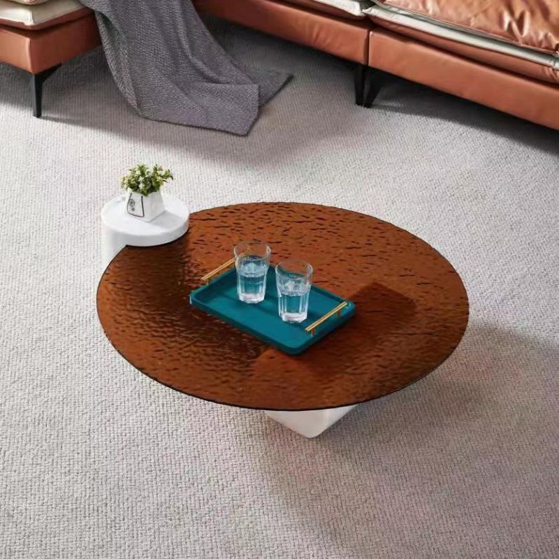 9.8"H Modern Marble Abstract Base Glass Round Coffee Table for Living Room