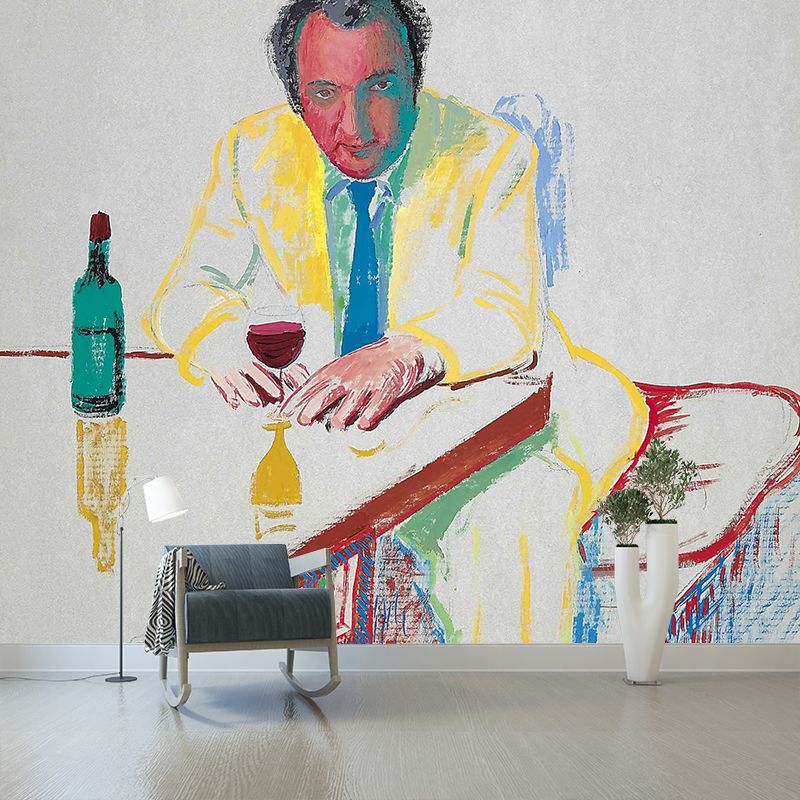 Artistry Man Drinking Mural in Red-Yellow-Blue-Green Washable Wall Covering for Corridor