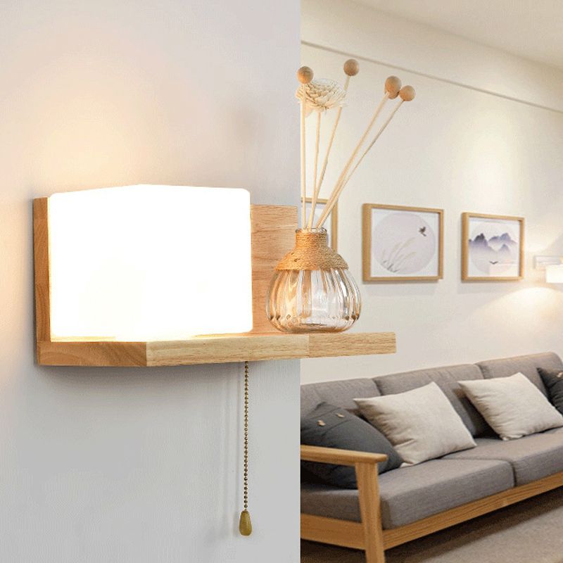 Japanese Wood Wall Light Cube 12" Wide Wall Sconce with Pull Switch for Bedroom
