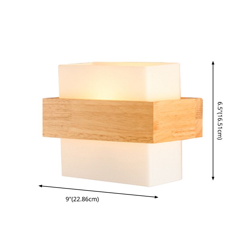 8.6" Wide Rectangular Modern Style Wall Lamp Simplicity Wooden Bedroom Sconces Light with White Glass Shade