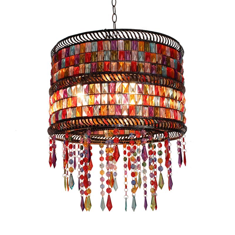 Metal Drum Chandelier Pendant Light Art Deco 3 Heads Living Room Drop Lamp in Bronze with Crystal Draping