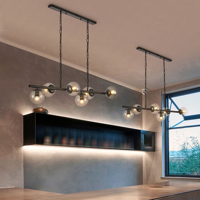 Industrial Black Island Light Globe 6 Lights Island Pendant with Glass for Dining Room