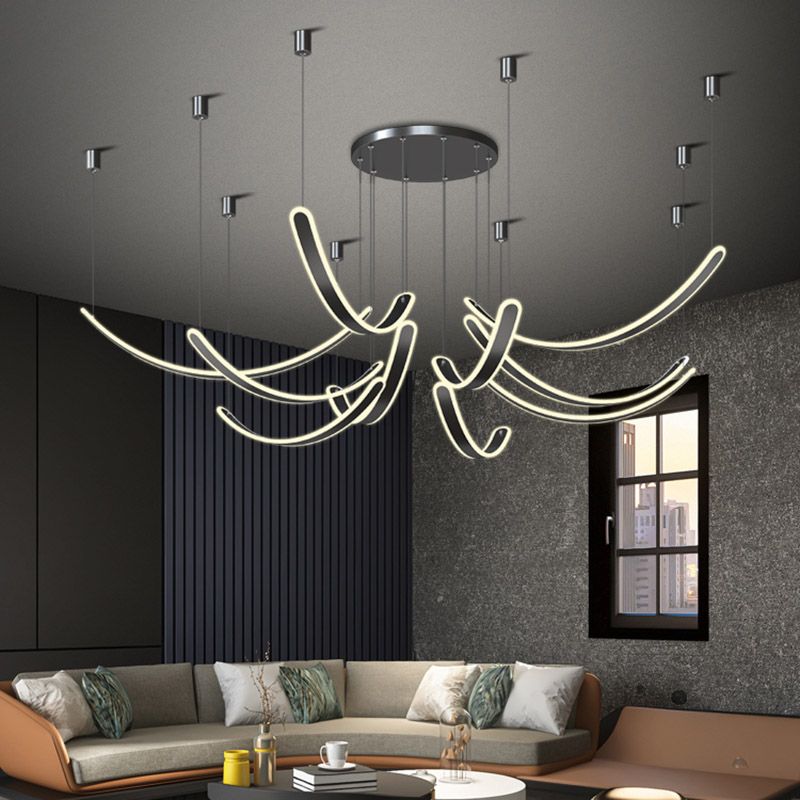 Curved LED Chandelier Minimalist Metal Living Room Villa Hanging Light in Black