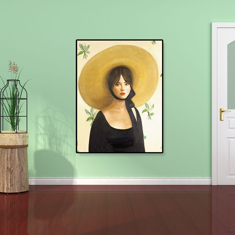 Yellow Traditional Wall Art Painting Print Woman with Straw Hat Canvas for Girls Room