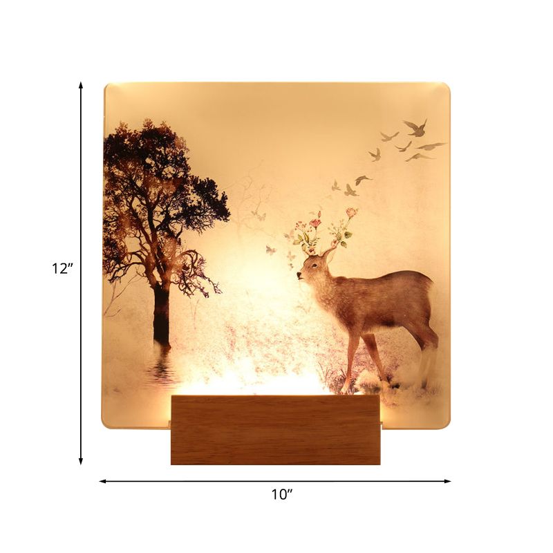 Square Hallway Wall Mounted Lighting Acrylic LED Oriental Wall Mural Light in Brown with Deer and Tree Pattern